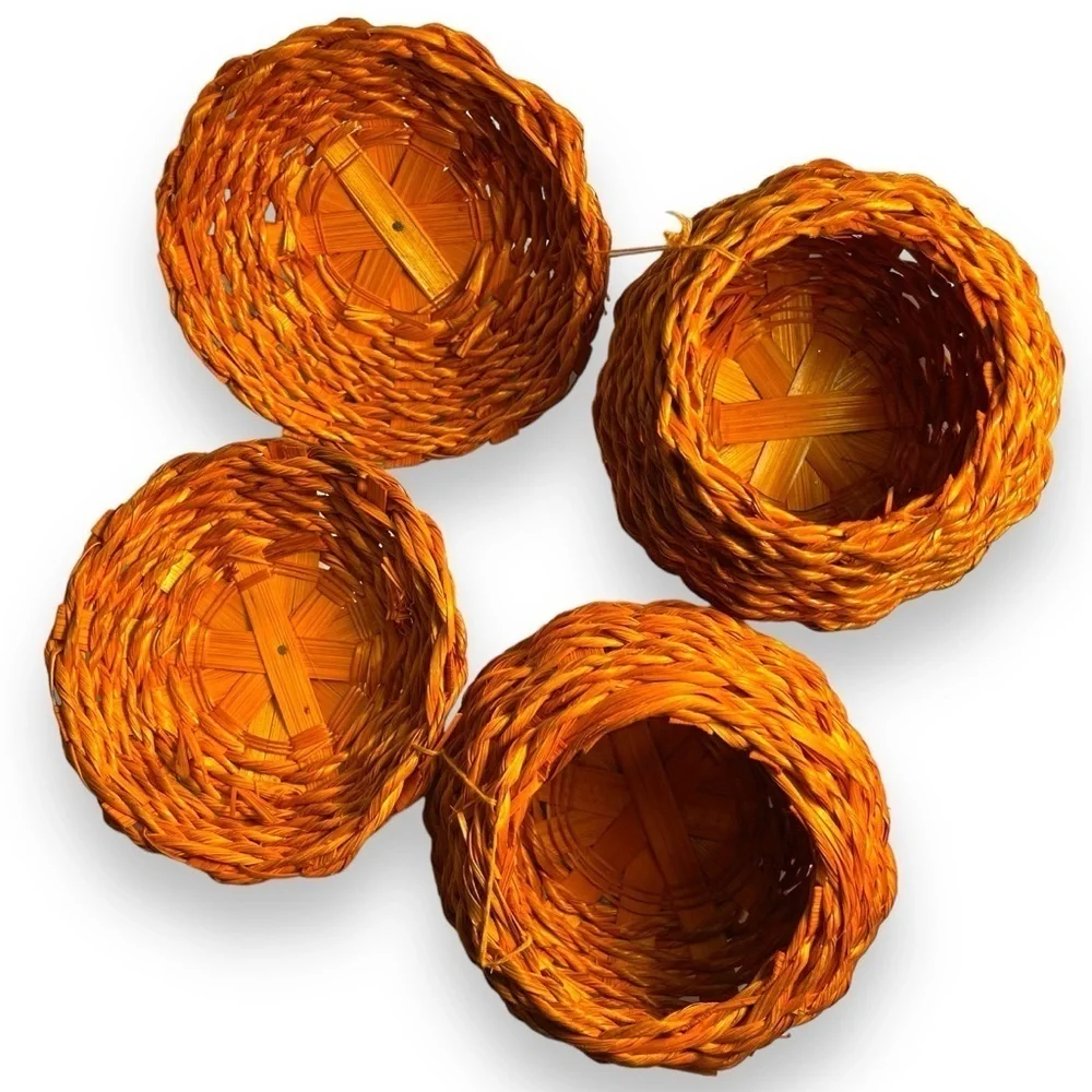Lot Of 2 Wicker Halloween/Thanksgiving Orange Pumpkin Baskets with Lids 5”